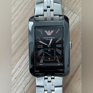 Emporio Armani Ceramic Case Watch New Stainless Bracelet Black Rectangular Dial